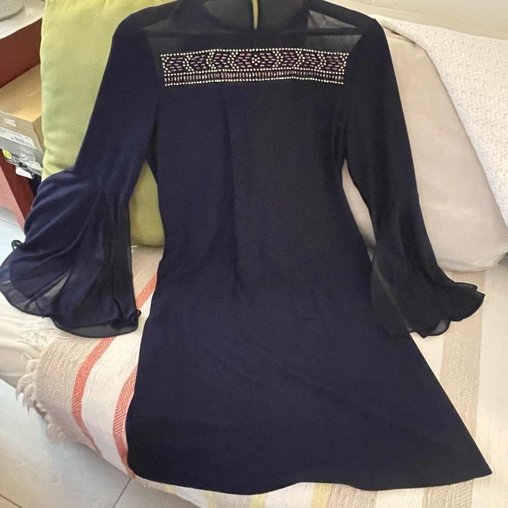 MSK Navy A-Line Flutter Sleeve Dress with Embellished Detail